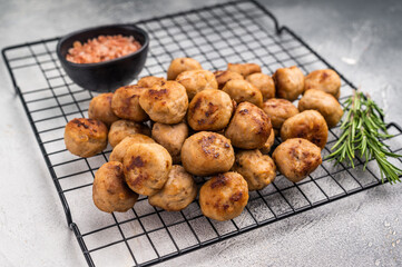 Fried Meatballs from beef and pork minced meat garnished with fresh herbs. grey background. top view