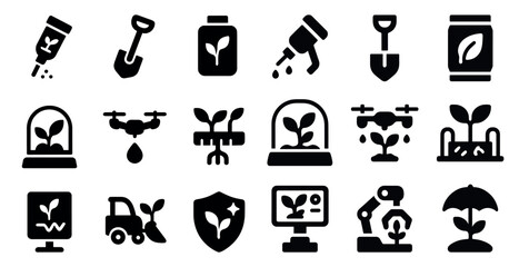 Gardening and plant care filled icons set – solid, silhouette, home horticulture tools