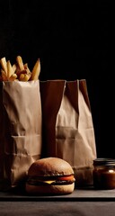 Fast food takeaway; burger, fries, sauce