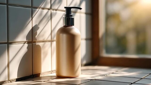 Sunlight casting patterns on soap dispenser in bright bathroom setting over time