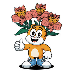 Cute cartoon tiger with flowers isolated on transparent background