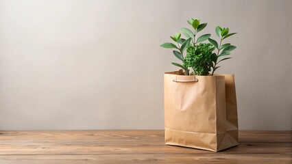 A paper bag sits on a wooden table in a brightly lit room with potted plants and natural decor