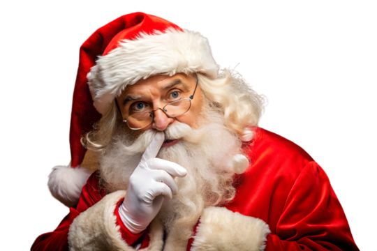 Santa Claus Shushing with Finger on Lips on Transparent Background
