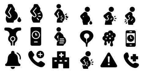 Pregnancy and maternity solid icons set – silhouette, healthcare and wellness symbols