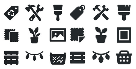 Fototapeta premium Home and gardening solid icons set – silhouette, tool, household symbols