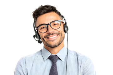  A young, smiling male customer service worker wearing headphones and glasses, dressed in a formal shirt and tie, against an isolated Transparent background PNG