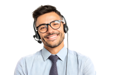  A young, smiling male customer service worker wearing headphones and glasses, dressed in a formal shirt and tie, against an isolated Transparent background PNG