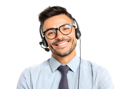  A young, smiling male customer service worker wearing headphones and glasses, dressed in a formal shirt and tie, against an isolated Transparent background PNG