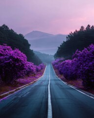 Purple-hued road through a misty mountain landscape