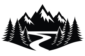 Obraz premium Black and White Mountain Landscape Illustration with Trees and River in a Diamond Shape