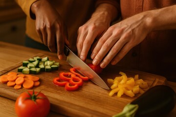 Close-up couple's hands cutting vibrant vegetables together, warm lighting highlights fresh produce, collaborative cooking teamwork