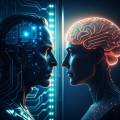 Obraz premium Futuristic Human vs AI Brain Concept in Cyber World