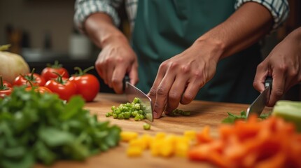 Close-up couple's hands cutting vibrant vegetables together, warm lighting highlights fresh produce, collaborative cooking teamwork