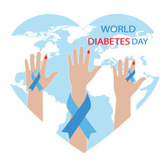 illustration World Diabetes Day. Blue ribbon and hands on white background.