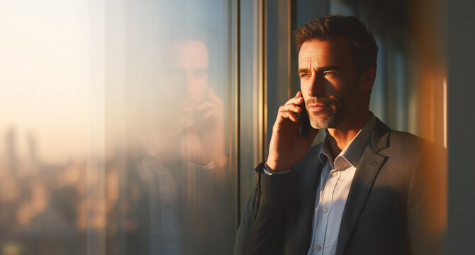 A business professional is having a phone conversation while standing by a large window at sunset. The city skyline is visible behind him, creating a reflective atmosphere that highlights his focus.