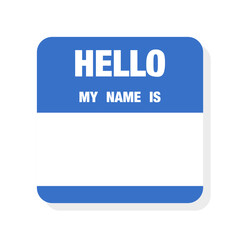 Hello my name is - introduction sticker template or name badge design for events. Blue square name sticker vector.