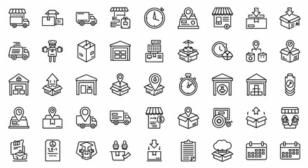 Shipping Fulfillment & Trust Line Icon Set – Delivery, Logistics, Packaging, Warehouse, Tracking, Pickup, Stopwatch, Calendar Vector

