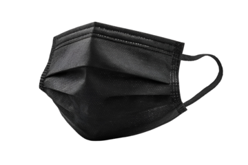 Black disposable face mask floating on black background