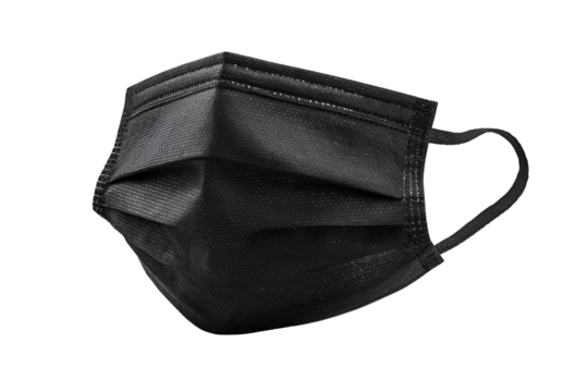 Black disposable face mask floating on black background