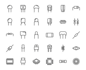 Simple outline set of circuit board equipment outline icon such capacitor, diode, transistor and inductor on white background, 48x48 pixel perfect editable stroke for website, mobile app, ux, ui