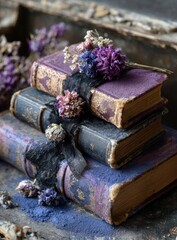 Stack of antique books, purple and dark blue covers, tied with lace ribbon, adorned with dried flowers