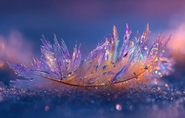 Iridescent, frosty leaf rests on snow