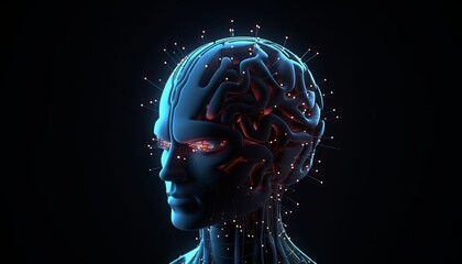 Obraz premium 3D illustration concept. AI of the future, smart and glowing cyberspace cyborg brain, Deep neural networks, chat bots and advanced machine learning