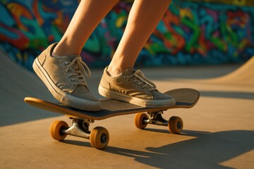 teenage girl's feet on skateboard in motion, vibrant graffiti background, sunset shadows, dynamic technique detail