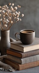 Still life of a dark-brown coffee cup on a stack of books, with a vase of dried flowers