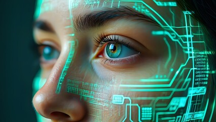 Close-up of Woman's Eye with Futuristic Teal Circuit Overlay:  Cyberpunk, Technology, AI Concept.