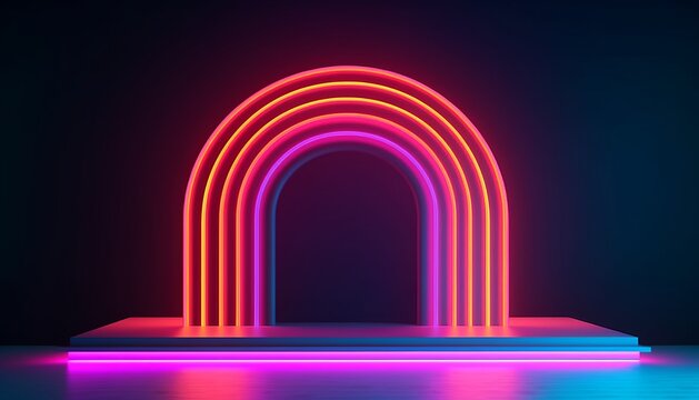 3d style, retrowave neon tube abstract pink blue orange neon background with glowing arch. Performance stage, showcase. Podium for product presentation