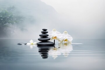 Spa scene with stacked black basalt stones and white orchid flowers on water surface, soft reflections and gentle mist on a light gray background. Ideal for wellness, beauty, and relaxation concepts.