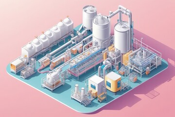 Isometric vector illustration of a modern dairy factory with milk processing equipment, conveyor bottles, and cold storage on a pastel pink background. Ideal for packaging, infographics, and web desig