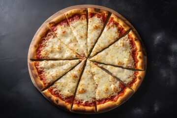 Freshly baked cheese pizza with golden mozzarella and crispy crust served on a wooden board, minimal decor, top view on a dark graphite background with copy space for branding, menus, cafe, restaurant