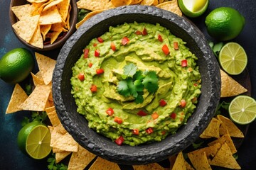 Top view of traditional guacamole in a dark stone molcajete, surrounded by crispy corn chips, garnished with fresh lime and chili – vibrant, authentic Mexican appetizer presentation. Packaging, ads