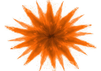 A vibrant orange powder explosion bursts outward in a symmetrical pattern, isolated on transparent background, creating a dynamic and abstract design