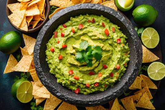 Top view of traditional guacamole in a dark stone molcajete, surrounded by crispy corn chips, garnished with fresh lime and chili – vibrant, authentic Mexican appetizer presentation. Packaging, ads