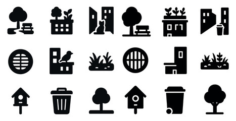 Urban park and nature solid icons set – filled, silhouette, landscape symbols