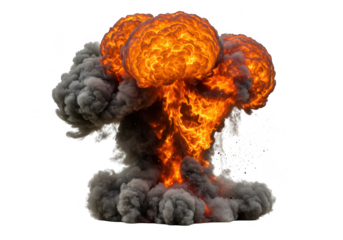 A massive mushroom cloud of fire and smoke rises from an explosion isolated on transparent background