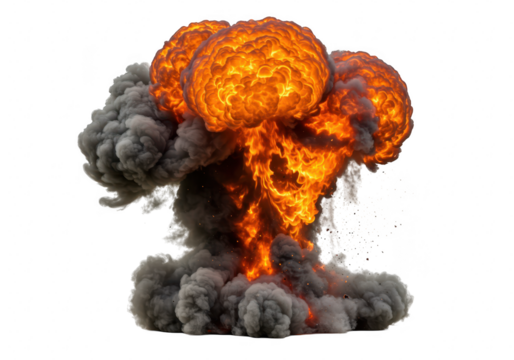 A massive mushroom cloud of fire and smoke rises from an explosion isolated on transparent background - Powered by Adobe