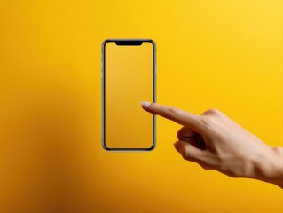 A sleek smartphone is displayed against a vibrant yellow background, with a hand poised to interact with the screen, symbolizing connectivity and modern technology advancements.