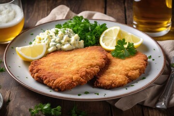 Crispy golden pork schnitzel served with a lemon wedge and parsley on a ceramic plate, accompanied by traditional Bavarian potato salad and a beer glass. Perfect for menus, ads, food packaging, poster