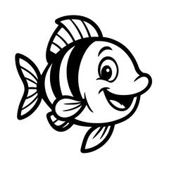 Happy Cartoon Fish Vector Icon - Black and White Illustration for Marine Life, Children's Designs, and Aquatic Themes.