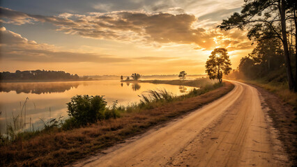 Road to Serenity: An ethereal scene unfolds at dawn, as a winding dirt road leads toward a tranquil lake reflecting the warm hues of sunrise, the path enveloped by nature's gentle embrace.