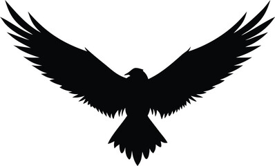 Fototapeta premium Black Bird Silhouette with Outspread Wings Soaring Against White Background, Raven or Eagle