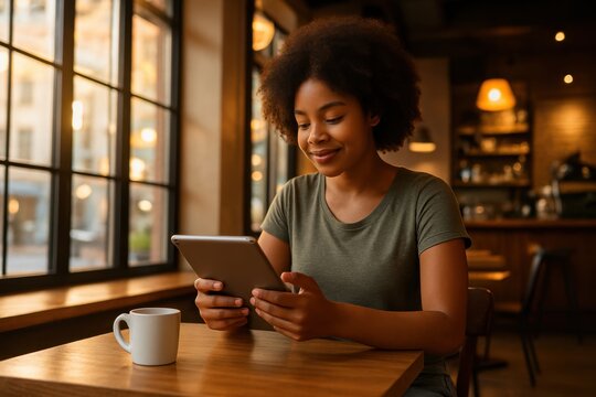 African American woman relaxing with tablet in stylish coffee shop, warm lighting creates cozy urban cafe atmosphere