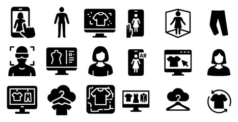Virtual fitting solid icons set – silhouette, outline, fashion and ar technology symbols