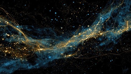 Cosmic nebulae, swirling gold and blue, dotted with stars