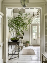 Fototapeta premium White and Olive Green Country Entrance Hall Elegant Farmhouse Style Refined Simplicity