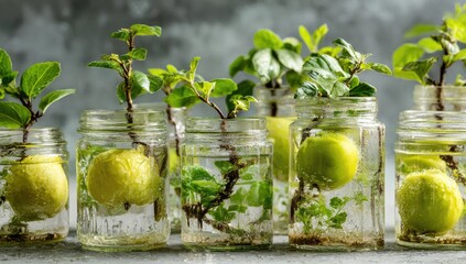 Several small potted plants in clear glass jars, rooted in water